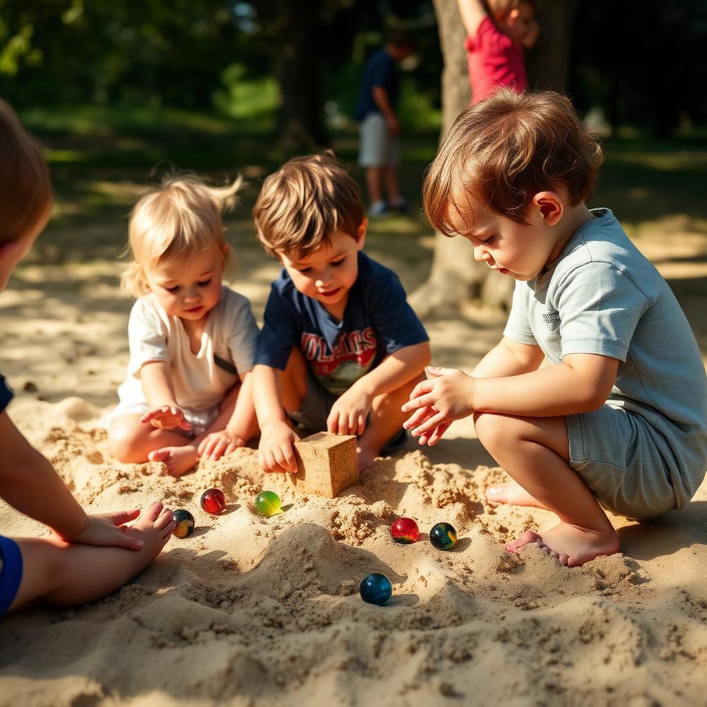 Crianças brincando de bolinha de gude na areia