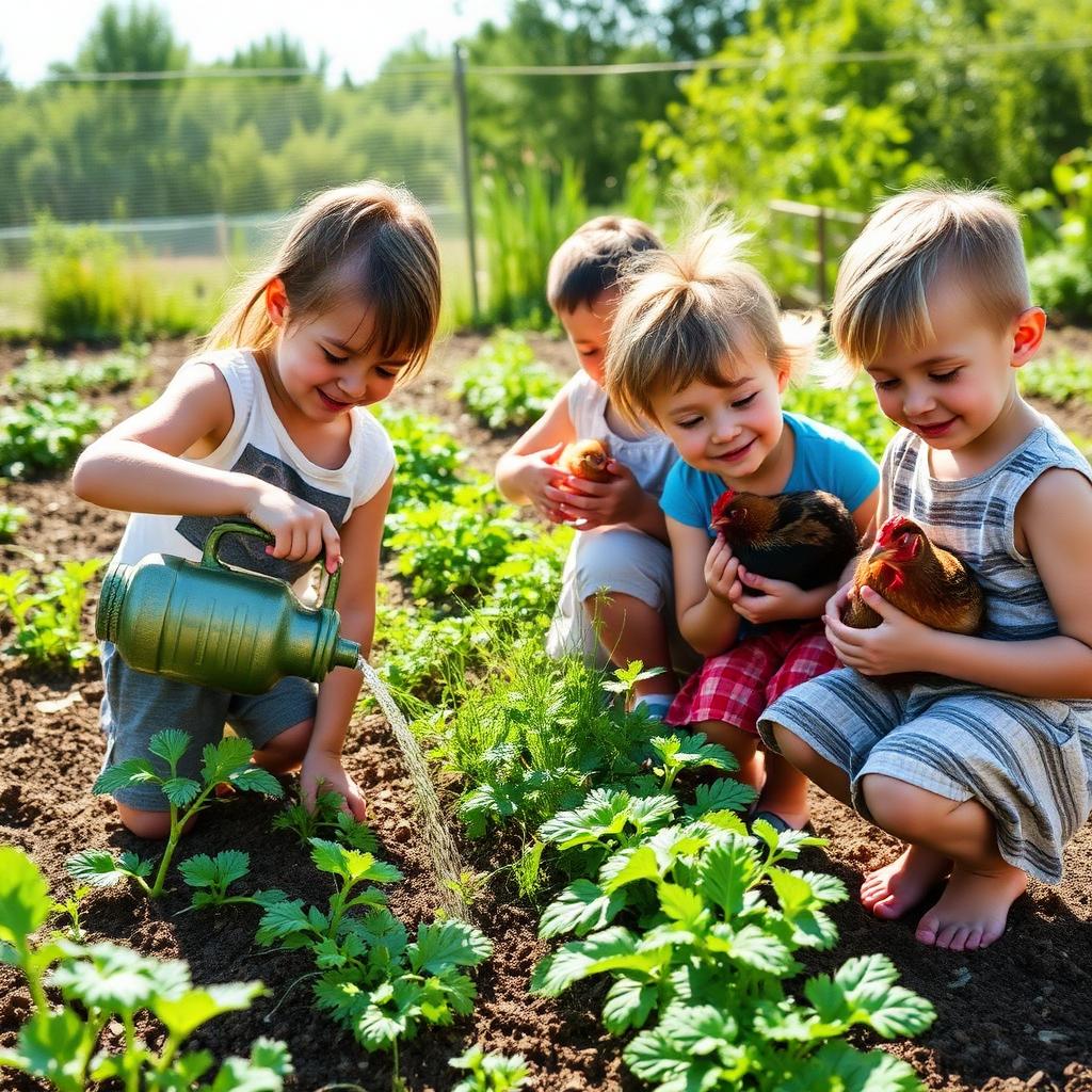 Crianças regando a horta e cuidando dos bichos