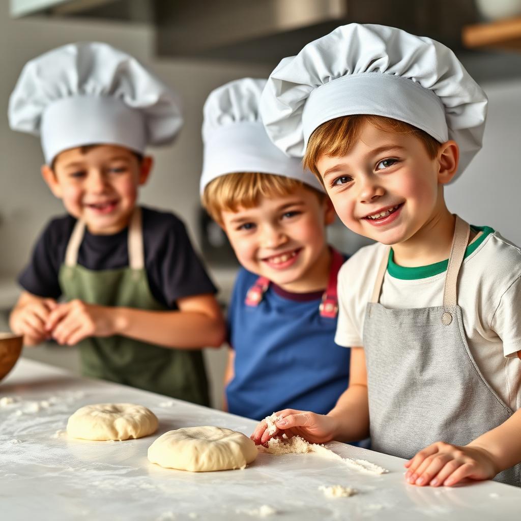 Crianças com touca de chef cozinhando